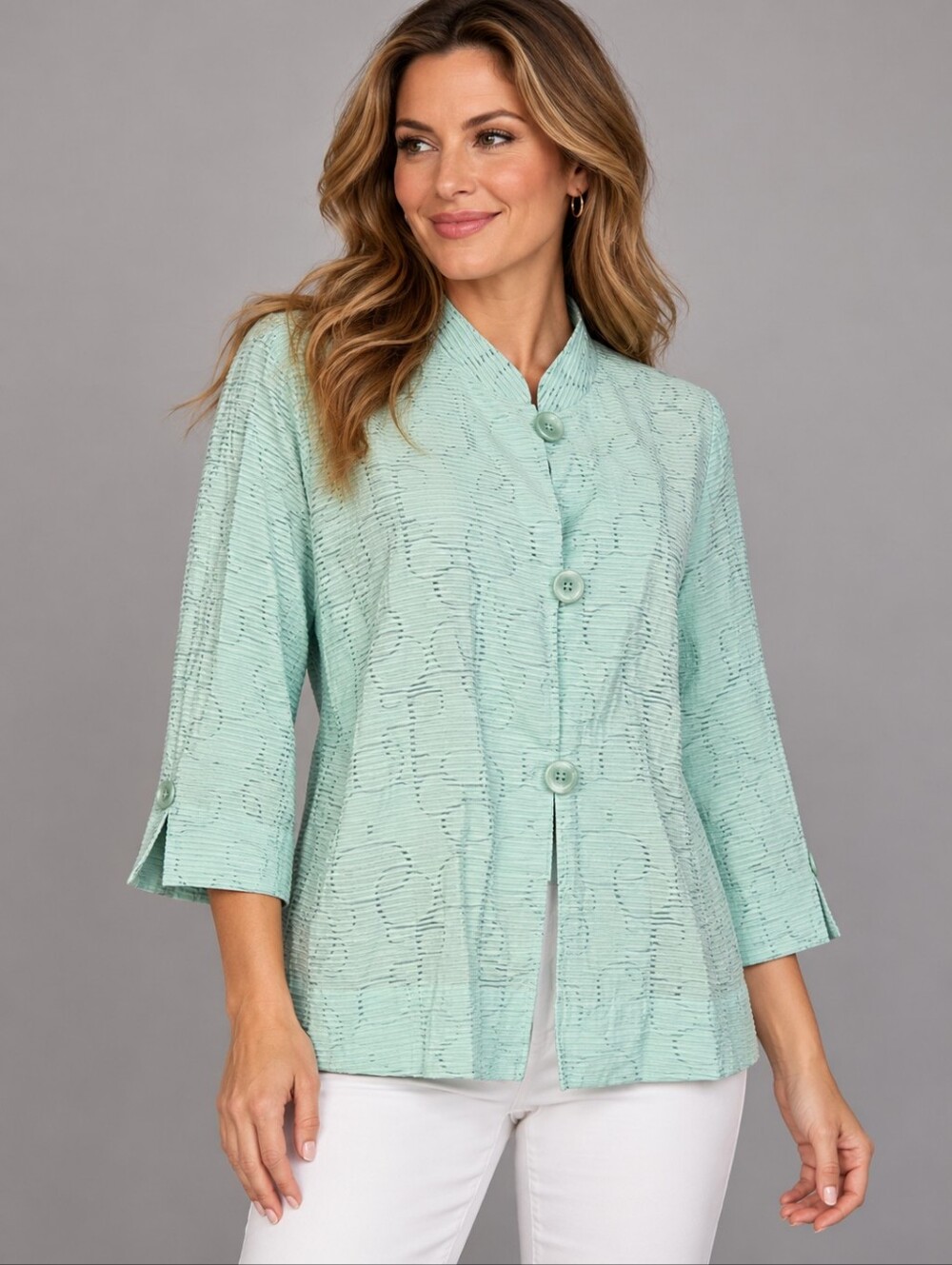 Vtg DRAPERS & DAMON'S Aqua Pastel Mandarin Collar Lightweight Shacket